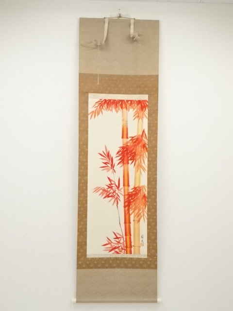 JAPANESE HANGING SCROLL / HAND PAINTED / VERMILION BAMBOO